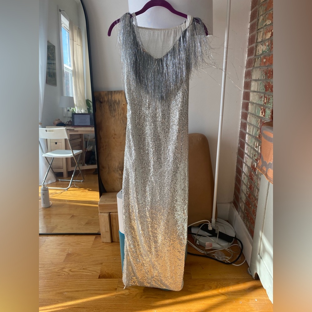 Long sequined fringe silver dress. Size 2-4.